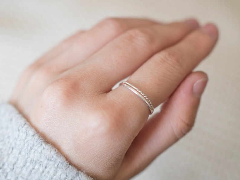 Super Thin Silver Ring Set, Sterling Silver Hammered Ring and Twist Ring, Dainty Rings, Stacking Ring Set, Silver Rings for Women image 4