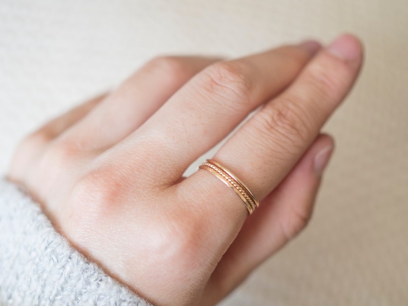 Super Thin Textured Gold Filled Ring Set of 3 Rings, Thin Gold Ring, Gold Twist Ring, Gold Hammered Ring, 14k Gold Rings for Women image 4