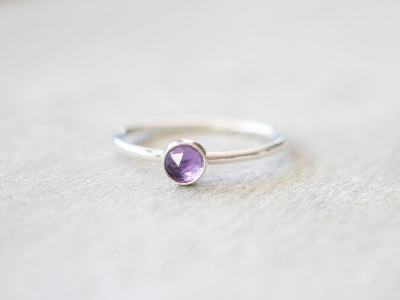 Thin 4mm Sterling Silver Amethyst Ring, Dainty Sterling Silver Gemstone Bezel Ring, February Birthstone Ring, Rings for Women image 1