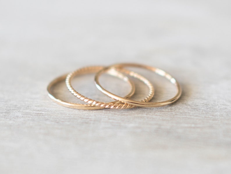 Super Thin Textured Gold Filled Ring Set of 3 Rings, Thin Gold Ring, Gold Twist Ring, Gold Hammered Ring, 14k Gold Rings for Women image 1