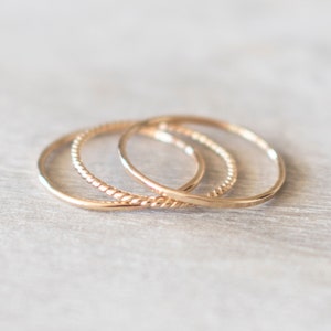 Super Thin Textured Gold Filled Ring Set of 3 Rings, Thin Gold Ring, Gold Twist Ring, Gold Hammered Ring, 14k Gold Rings for Women image 2