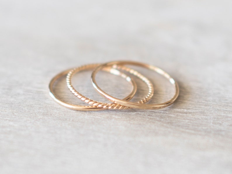 Super Thin Textured Gold Filled Ring Set of 3 Rings, Thin Gold Ring, Gold Twist Ring, Gold Hammered Ring, 14k Gold Rings for Women image 2