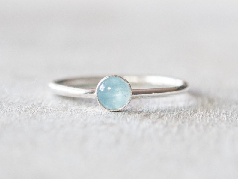 Thin Silver 4mm Aquamarine Ring, Dainty Silver Ring, Small Gemstone Bezel Ring, March Birthstone Ring, Silver Rings for Women image 1
