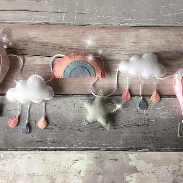 Pastel felt garland, hot air balloon garland, rainbow garland, raincloud garland, pastel garland, felt garland, pastel decor