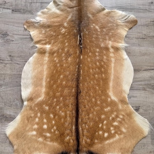 Puede incluir: Una alfombra de piel de ciervo de tonos naturales, con un diseño moteado marrón y blanco. La piel tiene una franja central marrón oscuro y un borde claro. La alfombra se muestra sobre un suelo de madera.