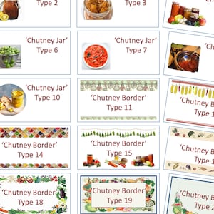 Förtryckta etiketter för chutney- och pickleburkar, självhäftande, nya etiketter och designer, 64 x 34 mm (24/ark).
