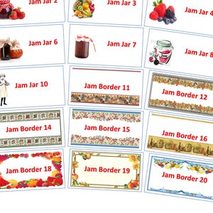 Etiquetas preimpresas para mermeladas o conservas, tipo 'tarro y borde', autoadhesivas, 64 x 34 mm (24/hoja).