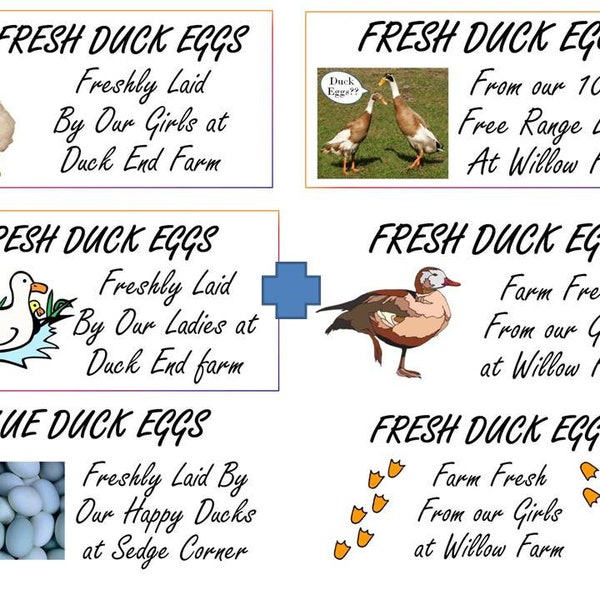 24 x Personalised Duck Egg Box Labels small 70mm x 35mm, Choose your image, write your text