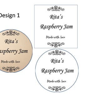May include: Three different designs for a jar label featuring the text "Rita's Raspberry Jam Made with love" with a decorative flourish above and below the text.