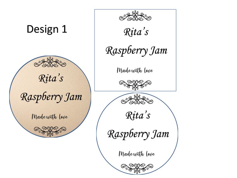 May include: Three different designs for a jar label featuring the text "Rita's Raspberry Jam Made with love" with a decorative flourish above and below the text.