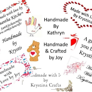 Handgemaakt door "Hearts" Aangepaste kleine zelfklevende labels 38 x 21mm (65-520), of grotere 46 x26mm (40-320) labels. Kies uw stijl voeg uw tekst toe