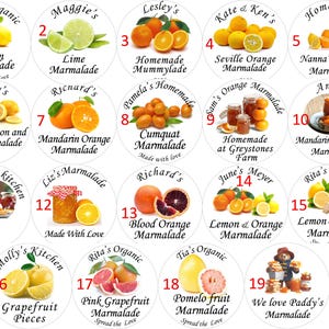 Anpassade runda, citrus-, marmelad- och syltetiketter. Nya designer, lägg till din text. Många storlekar och utföranden 64 till 25 mm.