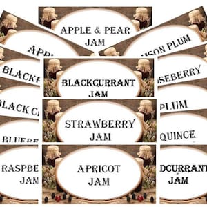 Könnte beinhalten: Ein Satz von 10 braunen und weißen Etiketten im rustikalen Design. Jedes Etikett zeigt eine andere Art von Marmelade, darunter Apfel & Birne, schwarze Johannisbeere, Erdbeere, Pflaume, Quitte, Himbeere, Aprikose und Johannisbeere.
