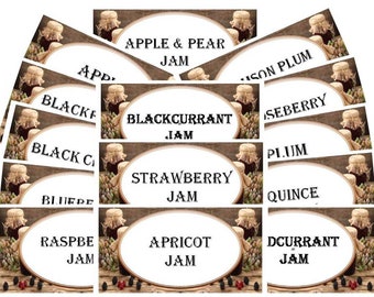 24 x Jam Jar Labels, Traditional Dark Type, Self Adhesive,  Attractive Designs 70mm x 35mm.  Choose your fruit