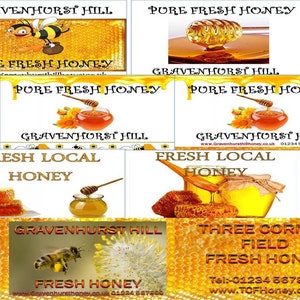 May include: A collection of labels for honey products from Gravenhurst Hill. The labels feature a bee, honeycomb, and the text "Pure Fresh Honey" and "Fresh Local Honey".