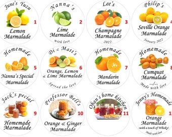 15 x 51mm Customised Round Marmalade Preserve Self Adhesive Labels. Choose your design, add your text. Many sizes & finishes 25 to 64mm.
