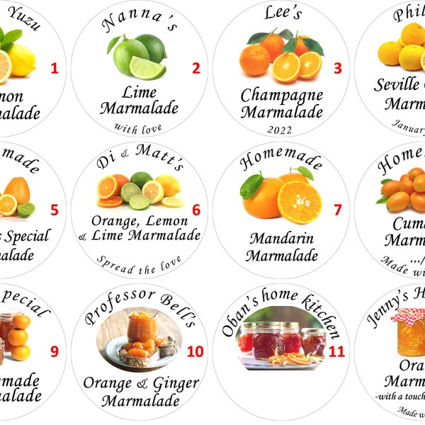 15 x 51mm Customised Round Marmalade Preserve Self Adhesive Labels. Choose your design, add your text. Many sizes & finishes 25 to 64mm.