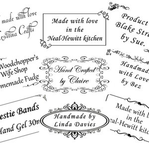Etiquetas personalizadas, feitas à mão por, feitas por, estilo tradicional. 65 por folha (38x21mm) ou 40 por folha (46x26mm). Além disso, agora cartões de visita