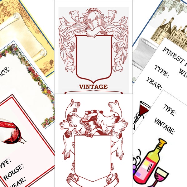 8 x Large Decorative Blank Wine Bottle Labels, 105mm x 74mm Adhesive, Choose your design.