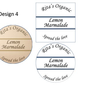 May include: Three different designs for a jar label for Rita's Organic Lemon Marmalade. The labels feature a white background with blue stripes and black text that reads "Rita's Organic Lemon Marmalade Spread the love".