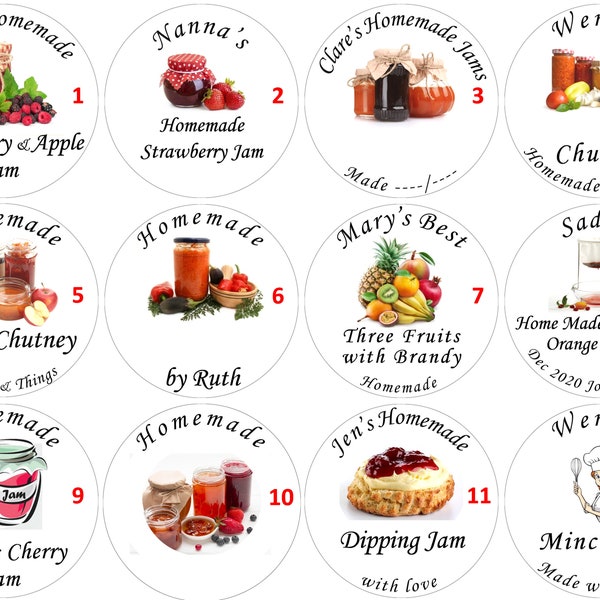 Customised Round Jam, chutney, Preserve Labels. Generic Image type. Choose your design. Many sizes available 25-64mm + 51mm Cream/Brown