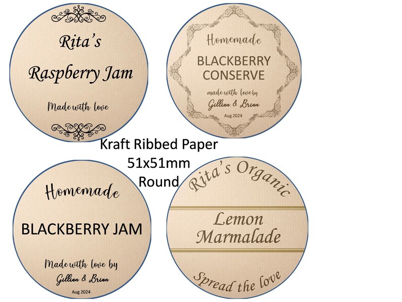 May include: Four round kraft paper labels with a ribbed texture. The labels are 51mm in diameter and feature different designs for homemade jams and marmalades. The labels include text such as "Rita's Raspberry Jam", "Homemade Blackberry Conserve", "Homemade Blackberry Jam", and "Rita's Organic Lemon Marmalade".