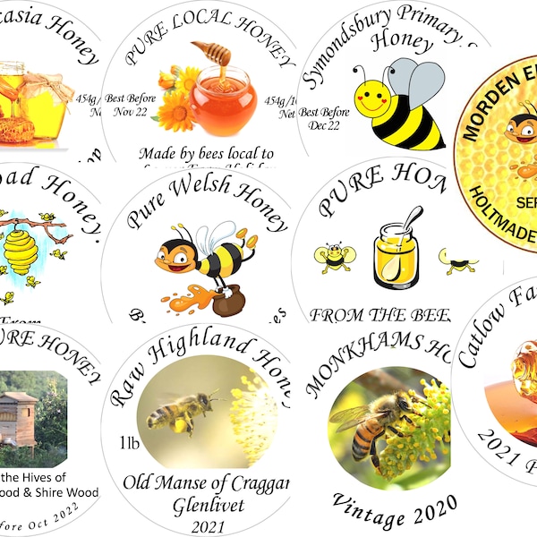 15 x Attractive Custom Round Honey Jar Labels Various sizes and finishes.  Choose your design write the text