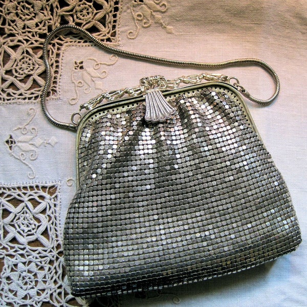 Silver Mesh Purse With Pink Satin Lining and Snake Chain Handle