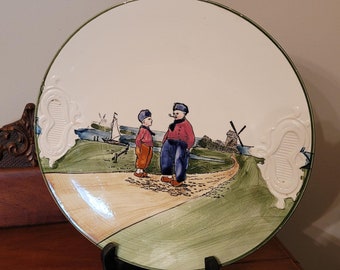 Antique G S Zell Germany Large Serving Plate Georg Schmider Hand Painted Dutch Windmill Father Son Scene