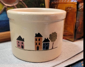Vintage Robinson Ransbottom Pottery Houses and Tree Cream Colored Low Crock Holds One Pint