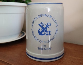 Vintage German Beer Stein Souvenir T.S. Bremin of North German Lloyd Cruises of Distinction 1/2 Litr