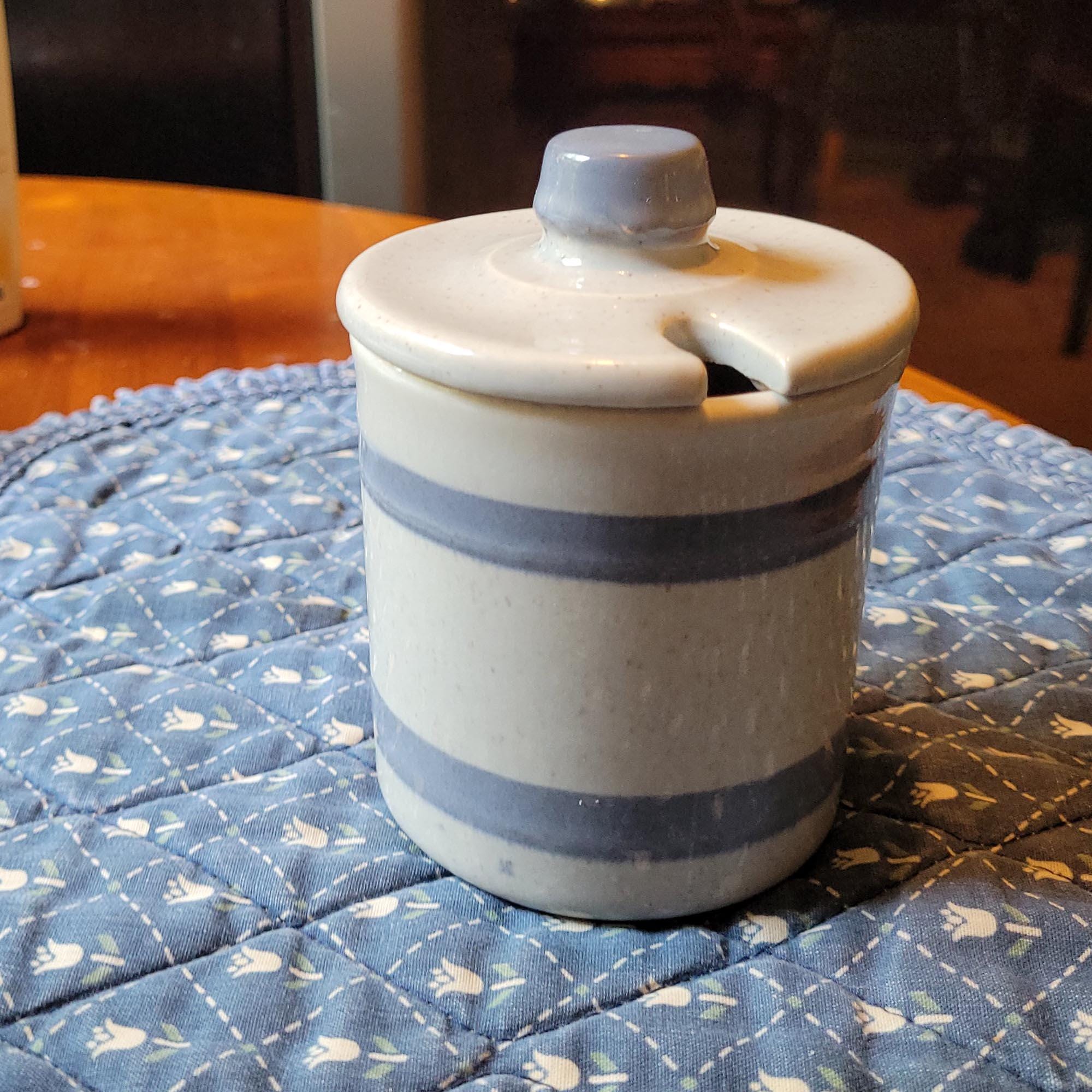 Vintage Mccoy Jam Jar Stoneware Blue Striped Crock With Lid Made