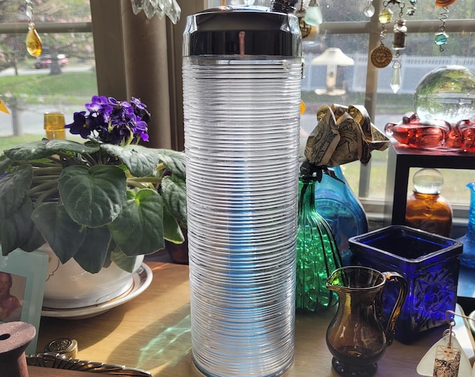 Imperial Glass Clear Threaded Glass Cocktail Shaker with Chrome Lid 1950s