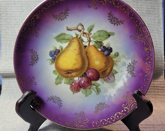 Vintage Mitterteich Bavarian China Pear Plate #41 Gold Scroll Trim Purple Made in Germany