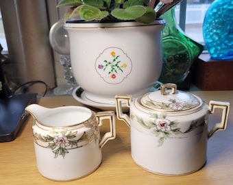 Antique Hand Painted Nippon Creamer and Sugar Bowl With Lid