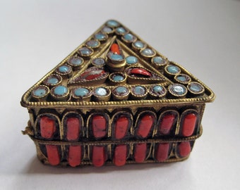 Snuff or Trinket Box Triangle Shape Brass Adorned with Blue and Red Stones