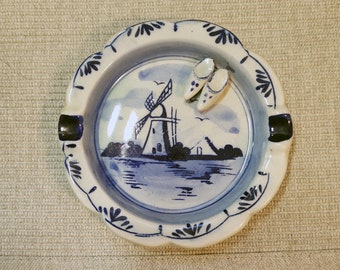 Delft Blue and White Ashtray with Dutch Shoes and Windmill Hand Painted W.G.B.