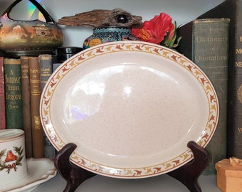 Buffalo China Oval Plate Speckled Beige With Brown Leaf Border 1970s