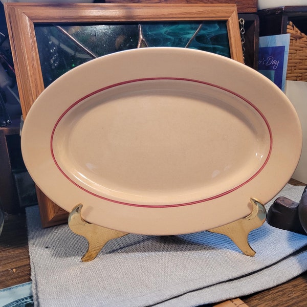 Lenape Scammell's Trenton China Oval Plate Tan with Maroon Stripe Around Rim