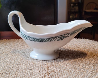 Vintage Shenango China Sauce Gravy Boat 1920s to early 1950s White with Green Border Design