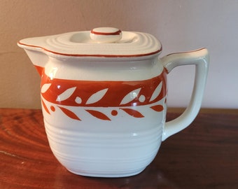 Moriyama Pottery 1920s Orange and White Art Deco Tea Pot / Milk Jug With Lid Hand Painted Mori Machi Japan