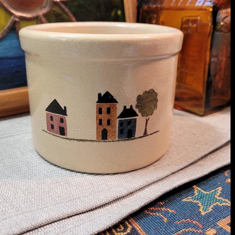 Vintage Robinson Ransbottom Pottery Houses and Tree Cream Colored Low Crock Holds One Pint image 1