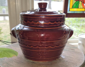 Marcrest Stoneware Bean Pot Daisy and Dot Colorado Brown with Lid