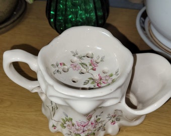 Ironstone England Ceramic Shaving Mug Pink Wildroses  on White Made in England
