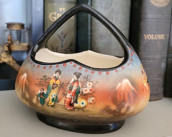 Vintage Czechoslovakia Registered Coronet Black Handled Porcelain Basket 1950s