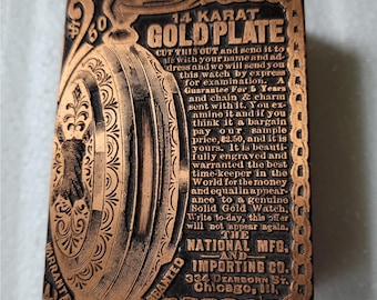 Vintage Letterpress Block 14 KARAT GOLDPLATE Watch Coupon National Mfg. Chicago