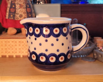 Polish Pottery Creamer Boleslawiec Hade Made in Poland Blue Red White 1970s