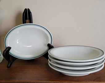 Five Shenango Oval Side Dishes Green Stripes on White