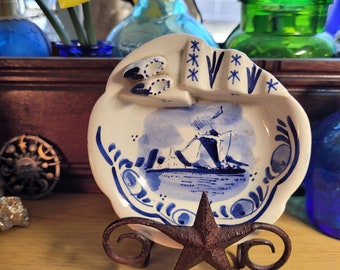 Delft Blue and White Ashtray with Dutch Shoes and Windmill Hand Painted Made in Holland