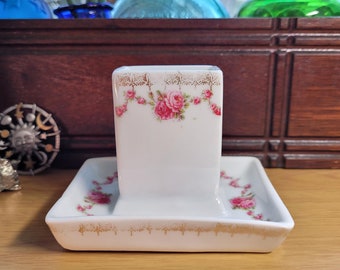 Antique Schwarzburg Porcelain Matchbox Holder Pink Roses Swag Garland Gold Lacy Trim Border 1920s